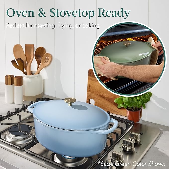 Best Choice Products Oval 7.5 Quart Enamel Cast-Iron Dutch Oven, Heavy-Duty Pre-Seasoned for Baking, Cooking w/Side Handles – Cornflower Blue