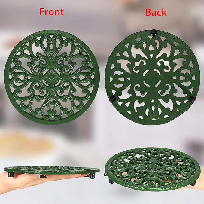Sumnacon Cast Iron Trivet 6.7 Inch Iron Trivet for Hot Dish Pot Pan Plate Teapot,Heat Resistant Cast Iron Trivets with Rubber Feets for Kitchen Dining Table Cooktop Stove,Retro Green