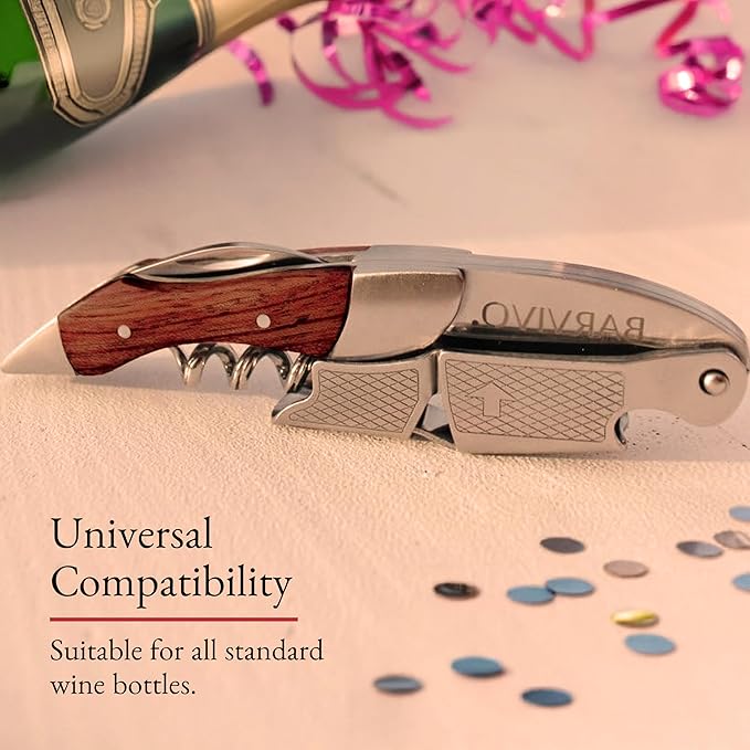 Barvivo Wine Bottle Opener with Double Hinged Corkscrew - 4.5-Inch Manual Wine Key with Foil Cutter and Cap Remover - Stainless Steel Bar Key Tool for Bartenders and Servers - Natural Rosewood Handle