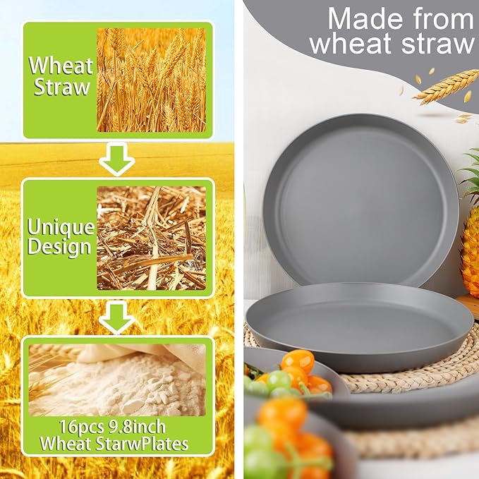 EI 18pcs Dark Grey Wheat Straw Plates Set,Unbreakable Deep Dinner Plates,Reusable Heavy Duty Plastic Plate,Lightweight Salad Plate for Camping,Kitchen,Picninc