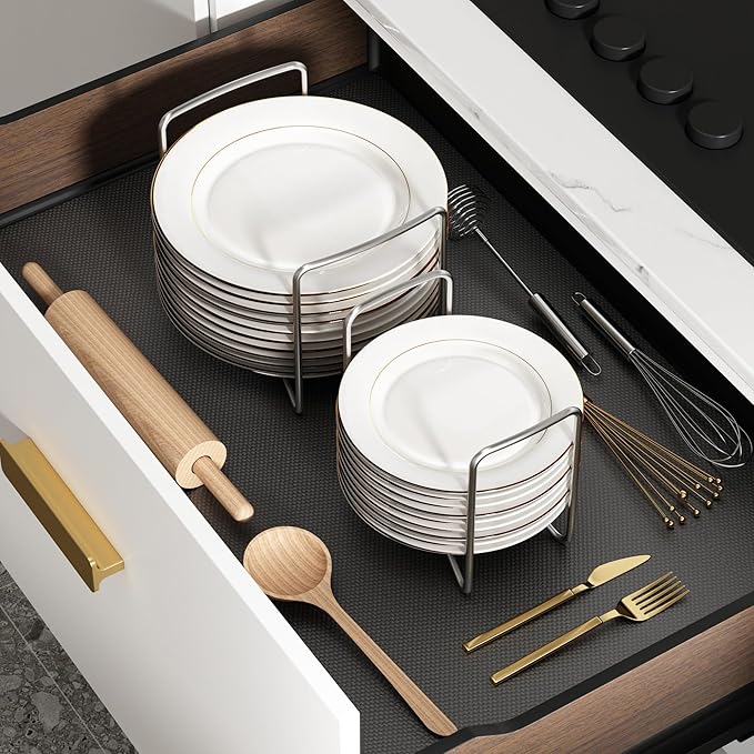 Plate Holder for Kitchen Drawer - 2Pcs White Bamboo Dish Racks for Kitchen Counter - Adjust 6.75" to 12.5" Stainless Steel Plate and Bowl Organizer for Cabinet, RV, Countertop (S&L)