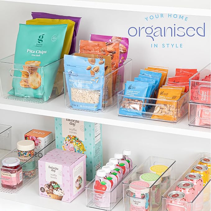 primebox Plastic Food Storage 6 Pack Clear Container Bin with Handles for Organizing Kitchen, Pantry, Fridge, Freezer, Pantry,Bathroom. 10"x6"x5"
