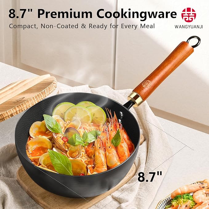 WANGYUANJI 8.7" Flat Bottom Iron Wok – Small Stir Fry Pan with Wooden Lid, No Coating, Induction Compatible, Ideal for Everyday Cooking