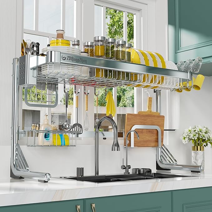 ZDRongZhen Over The Sink Dish Drying Rack,2 tier Full 304 Stainless Steel dish drainer rack,Adjustable Length (22.8''~35.04'') Kitchen Storage Counter With Cup Hanging Set and Hooks (Silver-2Tier)