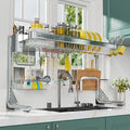 ZDRongZhen Over The Sink Dish Drying Rack,2 tier Full 304 Stainless Steel dish drainer rack,Adjustable Length (22.8''~35.04'') Kitchen Storage Counter With Cup Hanging Set and Hooks (Silver-2Tier)