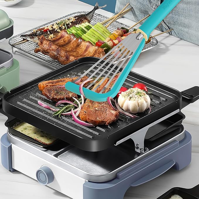 Fish Spatula,600℉ Heat Resistant Silicone Fish Spatula with Basting Brush,for Nonstick Cookware,Flexible Slotted Fishs Turner Spatulas,BPA Free,Dishwasher Safe(Aqua Sky)