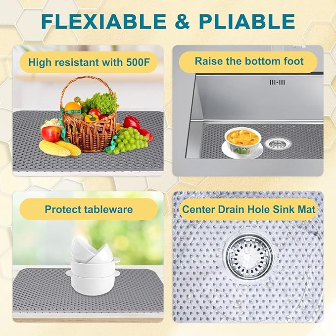 Silicone Sink Mat, 26'' x 14'' Protectors for Kitchen Sink with Center Drain, Kitchen Protector Accessory, Non-Slip Grid Mat for Bottom of Farmhouse Porcelain Stainless Steel(Center Hole)