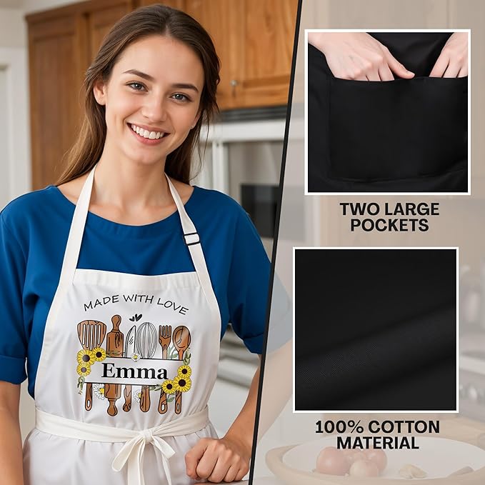 Custom Apron for Mom, Mother's Day Gift for Mom with Name, Personalized Kitchen Gifts for Mother, Women, Wife, Adjustable Customized Baking Kitchen Cooking Apron - Personalized Mom Gifts from Husband