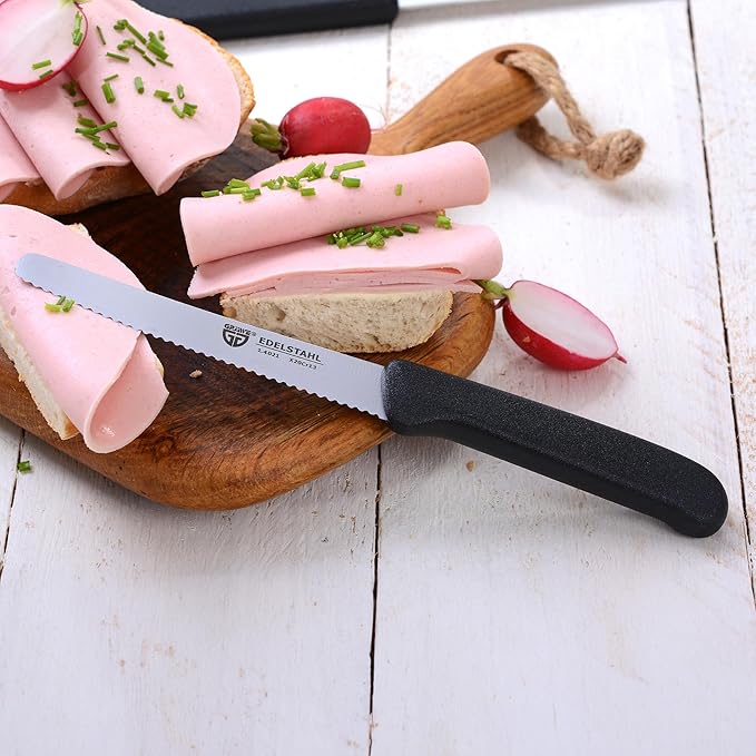 GRÄWE table knives 6 pieces, knife set for cutting, pack of 6 bread knives, breakfast knives with serrated edge on one side, knife 21 cm - Black