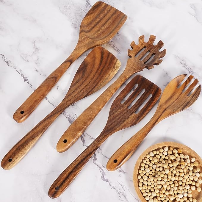 Wooden Spoons for Cooking – 9 Pc Teak Wood Utensil Set, Durable, Nonstick Safe & Heat Resistant with Ergonomic Handles - Unique Kitchen Gifts for Women Men, Cooking Gifts for Men Women