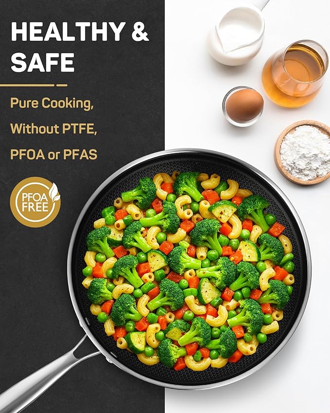 Stainless Steel Nonstick Frying Pan, Hybrid Ceramic 8-Inch Frying Pans, Stay-Cool Handle, PFAS & PFOA PTFE Free, Dishwasher & Oven Safe, Scratch-Resistant, Compatible with Induction & All Cooktops