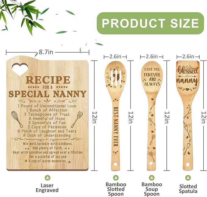 Christmas Nanny Gifts, Gifts for Nanny for Grandma from Grandkids Kitchen Set Wooden Cutting Board with Cooking Utensils Set with Apron Present