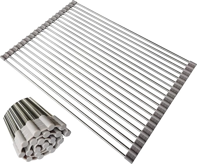 Roll up Dish Drying Rack Over The Sink Portable Stainless Still Rolling Rack Folding Mat for Kitchen Counter (Grey, 17.7''LX13.7''W)