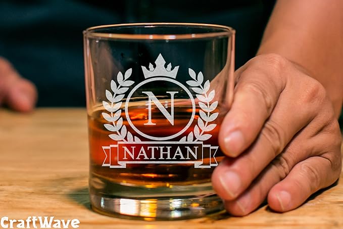 Personalized Whiskey Glass for Men, Custom Engraved Name & Initial Rocks Glasses, 11oz, Barware for Men, Father’s Day Gifts - Set of 2