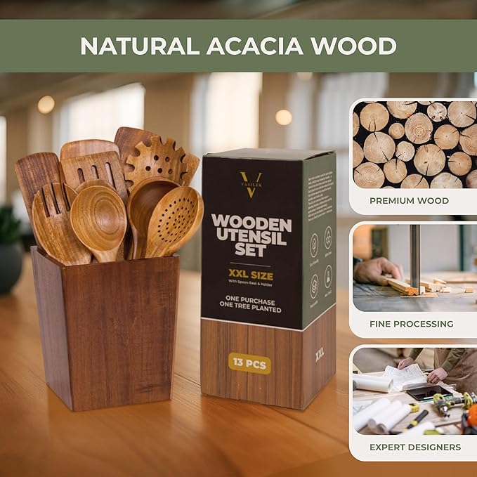 Vasilek Wooden Utensil Set XXL – 13 Piece Acacia Wood Cooking Tools with Square Holder for Nonstick Cookware with Holder & Spoon Rest – Wooden Spoons for Cooking, Spatula, Spurtle