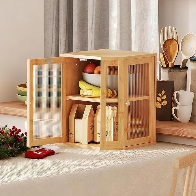 HOOBRO Bamboo Bread Box, Kitchen Countertop Corner Bread Box, Large Capacity 2-Tier Bread Container, Bread Storage Container with Dual Rippled Acrylic Doors, for Kitchen Food Storage, Natural YL12MB01