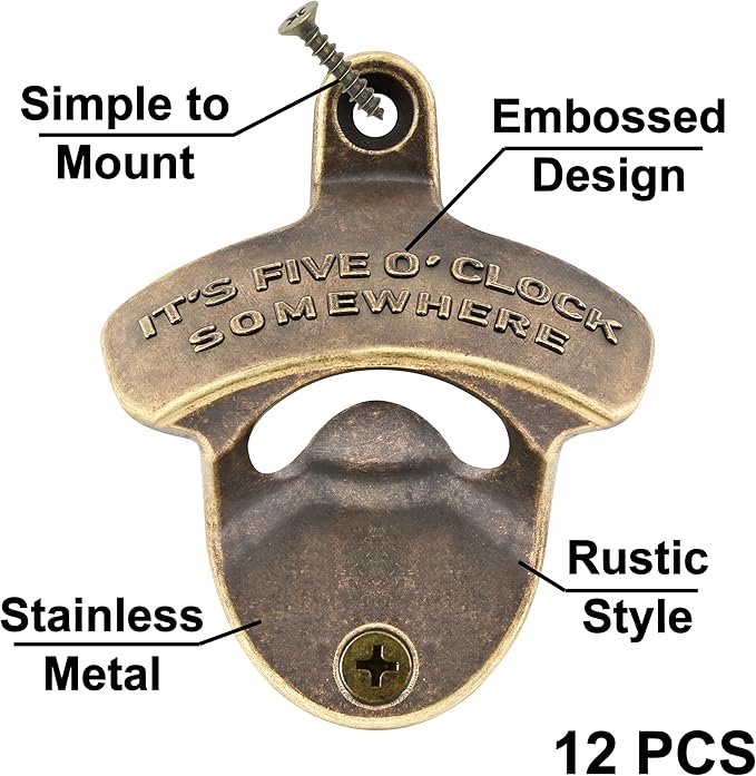 12 PCS Bottle Opener Wall Mounted Vintage IT'S FIVE O'CLOCK SOMEWHERE Mountable Beer Bottle Cap Opener Bulk for DIY