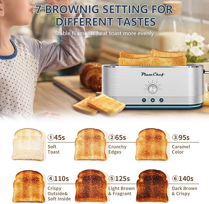 4-Slice Toaster, 7 Browning Settings, Defrost/Reheat Functions, Removable Crumb Tray, Full body Stainless Steel Housing 1350W ，Anti-Fingerprint & Anti-Jam,(1, Silver)
