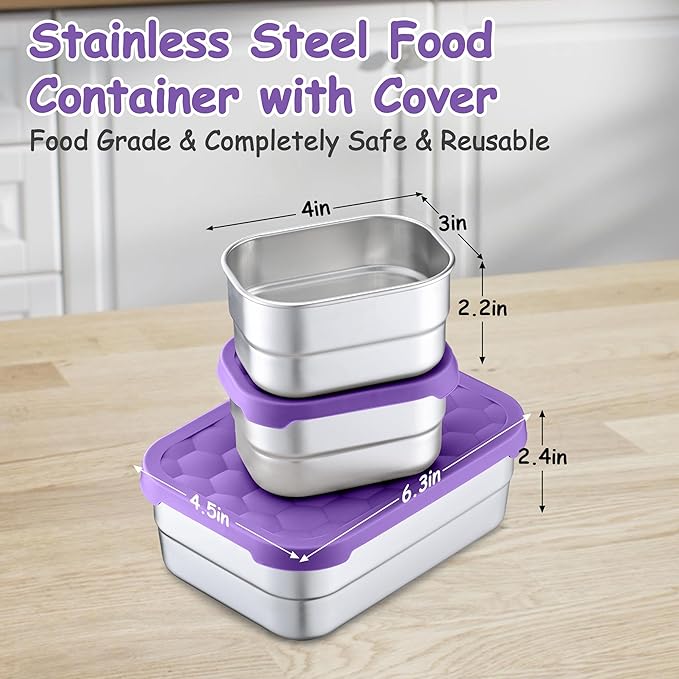 Homikit 3 Pack Kids Lunch Box Set, 18/10 Stainless Steel Bento Boxes with Silicone Lids Leak Proof, 5 Cups Reusable Metal Food Snack Containers for School Daycare, Nontoxic & Dishwasher Safe, Purple