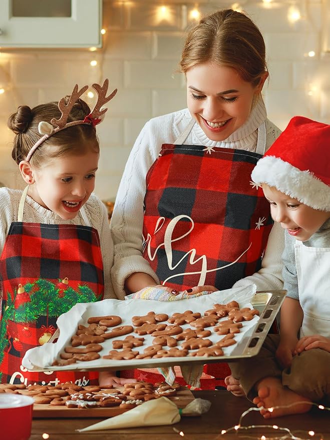 SATINIOR 4 Pcs 21.7" x 26.8" Christmas Aprons Adjustable Kitchen Aprons Xmas Plaid Merry Christmas Bib for Adults