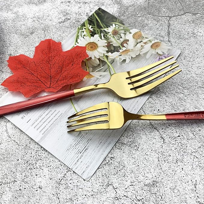 JASHII 18/10 Silver Silverware Set Stainless Steel Flatware Utensils Set Gold Cutlery Set| 36-Piece Modern Cubiertos Dorados| BEST Birthday Wedding Gift (6 sets, Red Handle Gold Mirror Polish)