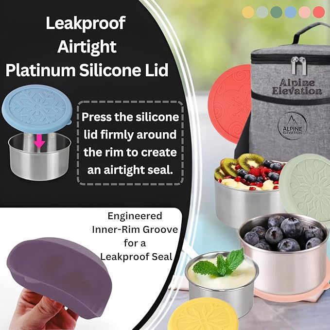 12 Pcs - 6 Stainless Steel Containers + 6 Silicone Lids | 304 Stainless Steel Snack Container | Nesting Snack and Dip Containers | Metal Food Storage