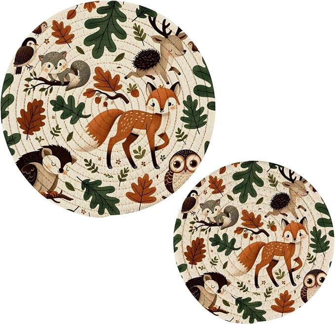 Woodland Leaves Cute Forest Animals Kitchen Trivets Pot Holders Set of 2, Trivets for Hot Pots Dishes Woven Trivet Coaster Pad Mat for Counter