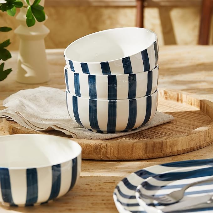 Junko Cereal Bowls Set of 4-36 Ounce Ceramic Bowls, Japanese Noodle Bowl Set, Ceramic Bowls for Kitchen, Breakfast, Oatmeal, Microwave and Dishwasher Safe (Navy)