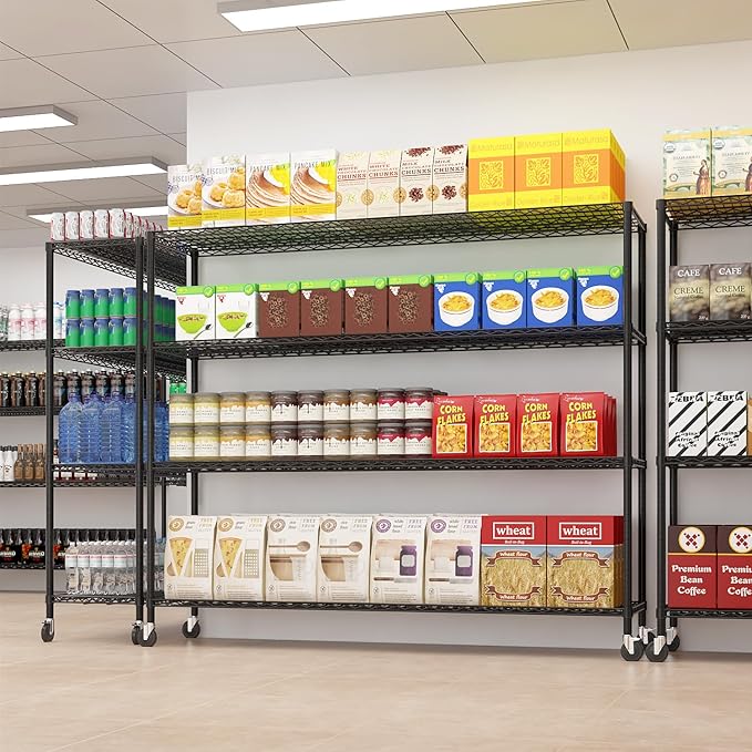 Karl home 4-Tier Adjustable Metal Storage Shelves, Wire Shelving Unit with Wheels & Leveling Feet, Heavy Duty Garage Shelving, Pantry & Kitchen Display Shelf Organizer, Home Storage Rack