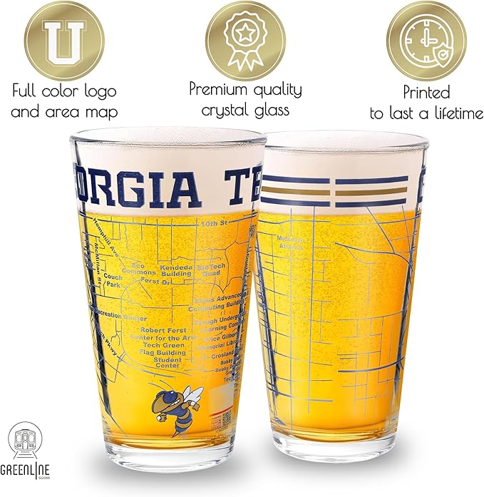 Greenline Goods – Georgia Tech University Yellow Jackets College Pint Beer Glasses (Set of 2), 16 oz – Full-Color Logo + Campus Map