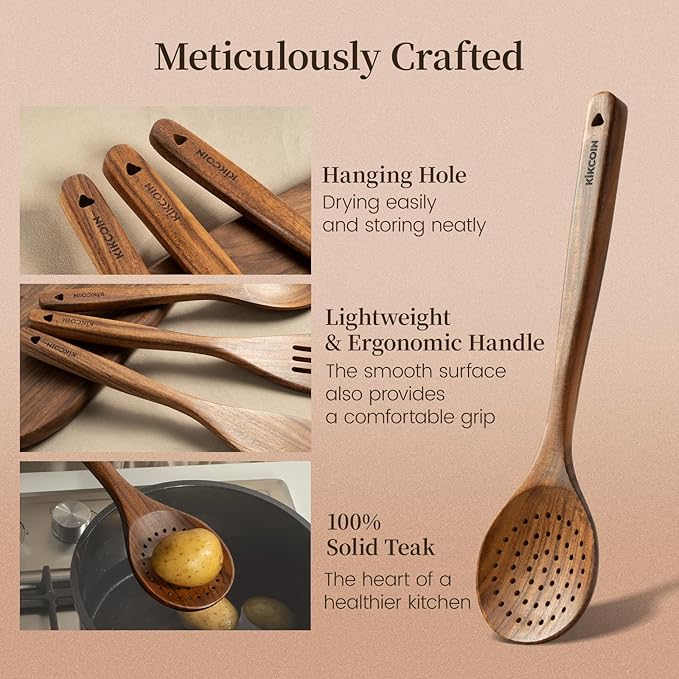 Kikcoin Wood Kitchen Utensils Set, 10 PCS Solid Teak Wooden Spoons for Cooking with Long Handle Heat-Resistant Wooden Cooking Utensils Set for Non-stick Cookware Including Hanging Hole