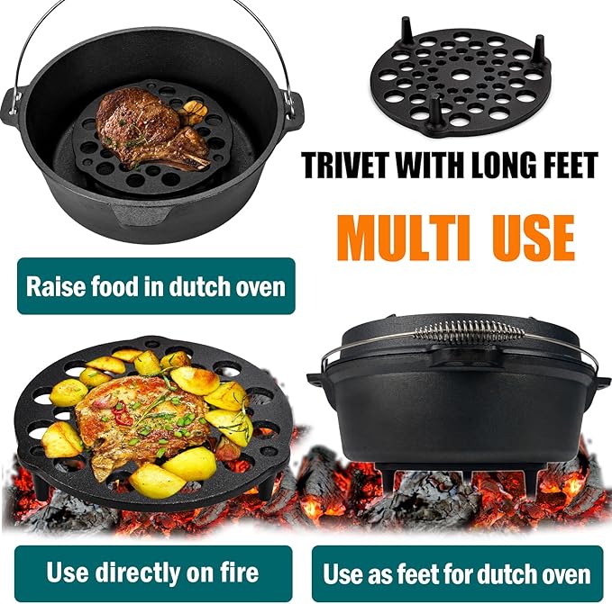 Cast Iron Trivet 2 PCS Set, 8-inch, Meat Rack, Cast Iron Grate for Dutch Ovens, Raise Food in Dutch Oven, Used as Burner Diffuser, Use Directly on Camp Fire, Used as Trivet on Table