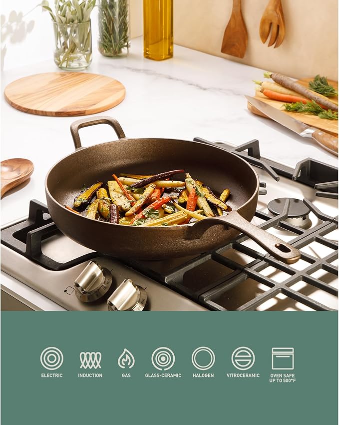 Bloomhouse - Two Time Oprah's Favorite Things Winner - Natural Bronze Finish 12" Cast Iron Skillet w/Long Handle, Helper Handle & Olive Wood Trivet – Olive Oil Treated Fry Pan, Oven & Stovetop Safe