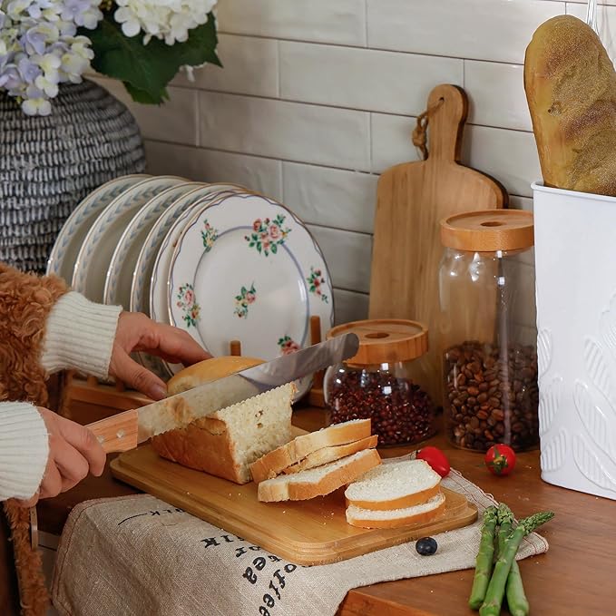 Extra Large Bread Box for Kitchen Countertop Corner Breadbox for Homemade Bread Metal White Plant Pattern Embossed Bread Storage Container Bin with Bamboo Lid Fits 2 Loaves of Bread