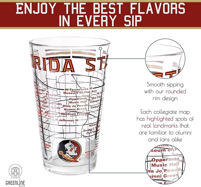 Greenline Goods – Florida State University Seminoles College Pint Beer Glasses (Set of 2), 16 oz – Full-Color Logo + Campus Map