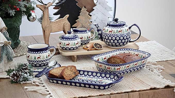 Blue Rose Polish Pottery - Blue Reindeer Pine Medium Teapot - 4 Cup Capacity - Polish Pottery Holiday Teapot, Festive Design for Coffee & Tea Service