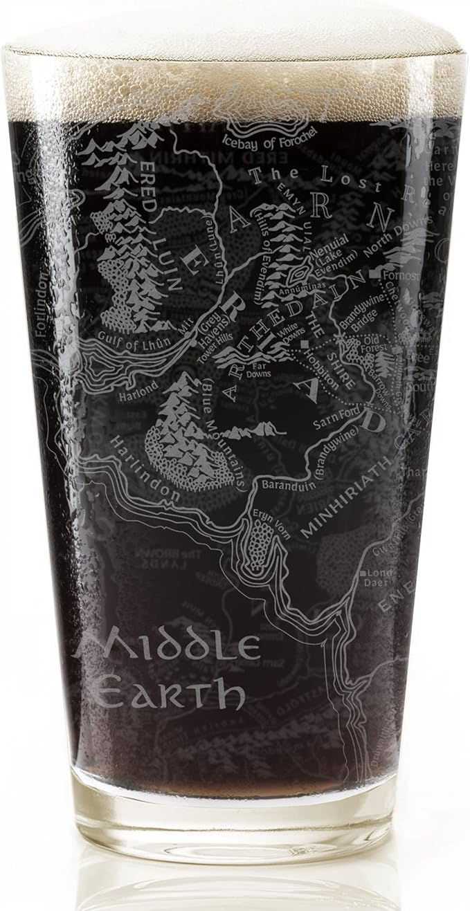 MAP OF MIDDLE EARTH Engraved 16oz Pint Glass | Inspired by Tolkien Ring and Elfs Magic Orcs | Great Christmas Gift Idea | Unique Elvish Fantasy Wizard Fantasy Decor!