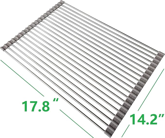 Roll up Dish Drying Rack Over The Sink Portable Stainless Still Rolling Rack Folding Mat for Kitchen Counter (Grey, 17.7''LX13.7''W)