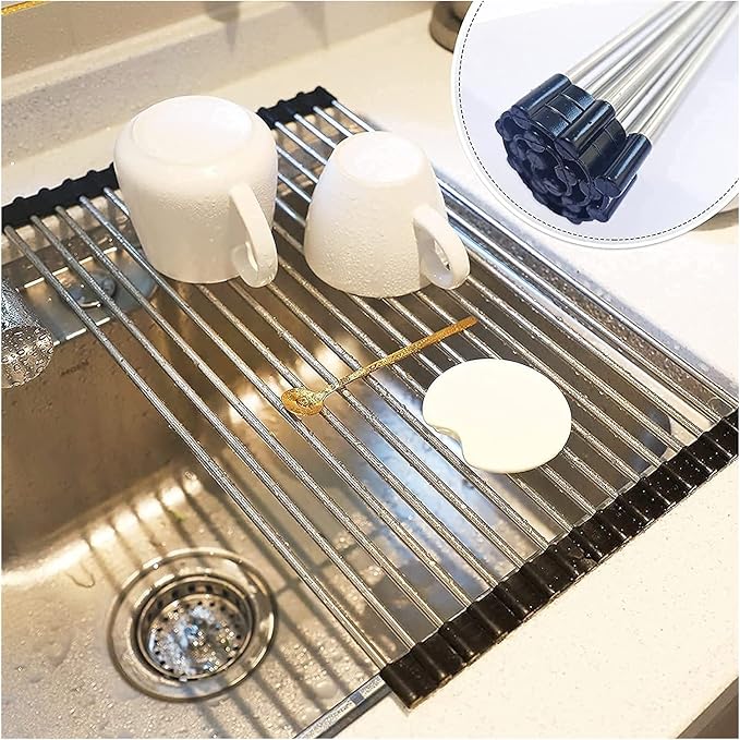 Roll up Dish Drying Rack Over The Sink Portable Stainless Still Rolling Rack Folding Mat for Kitchen Counter (Black, 17.7''LX11.2''W)