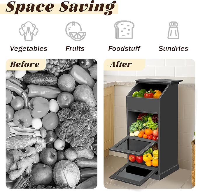 Potato Storage Bin, 3-Tier Potato and Onion Storage Bin with Lid, Wooden Bread Box for Fruit and Vegetable,Food Storage Containers for Kitchen Pantry (Black)