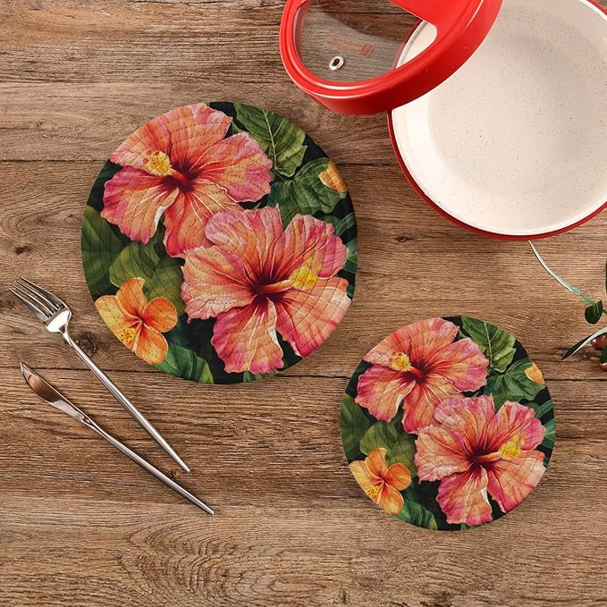 Hibiscus Flower Leaves Kitchen Trivets Pot Holders Set of 2, Trivets for Hot Pots Dishes Woven Trivet Coaster Pad Mat for Counter