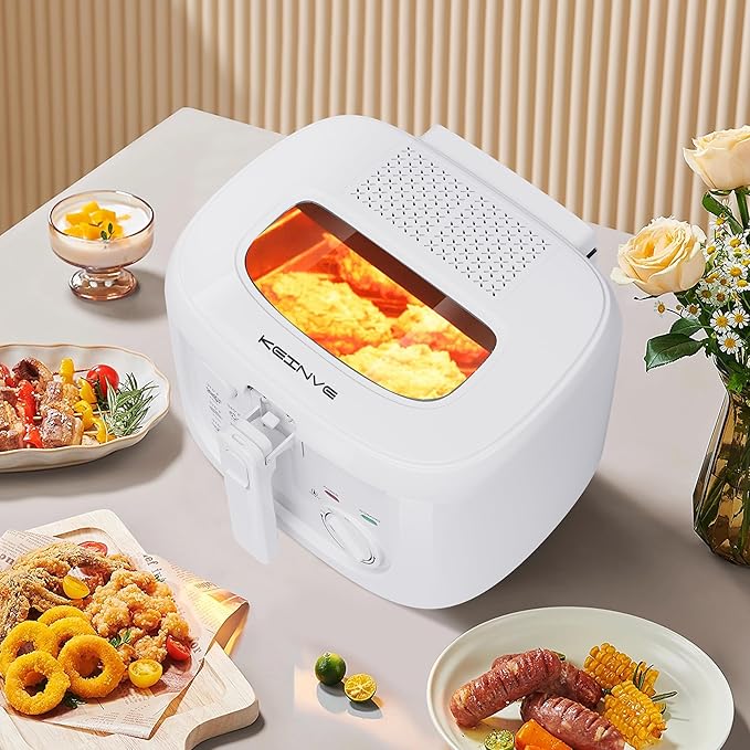 1500W Electric Deep Fryer with Adjustable Temperature Control, 2.5L Non-Stick Basket & Viewing Window, Folding Handle and Locking Cover for Easy Storage, White