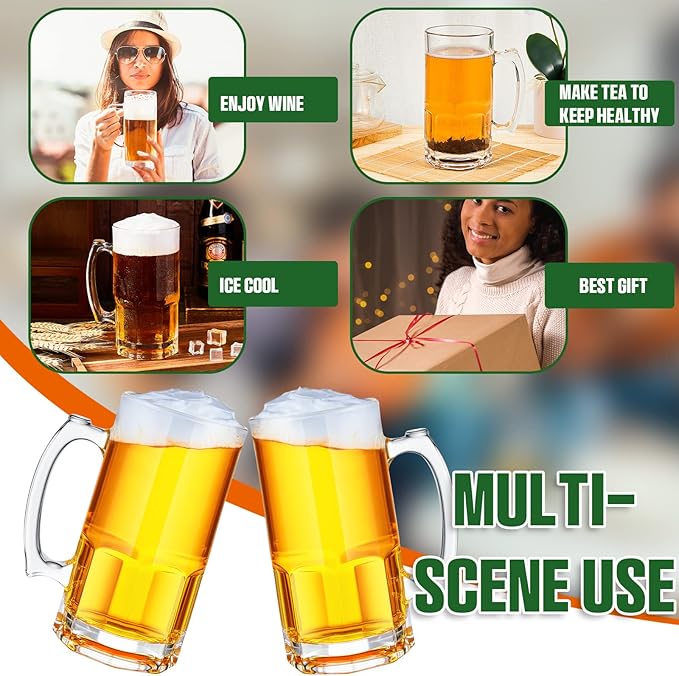 Set of 4 34 oz Extra Large Beer Mugs with Handles Glass German Clear Tall Heavy Beer Cups Steins Mugs Pint Weizen Glasses for Freezer Coffee Drinking Tea Water Cocktail Alcohol Beverages Pub