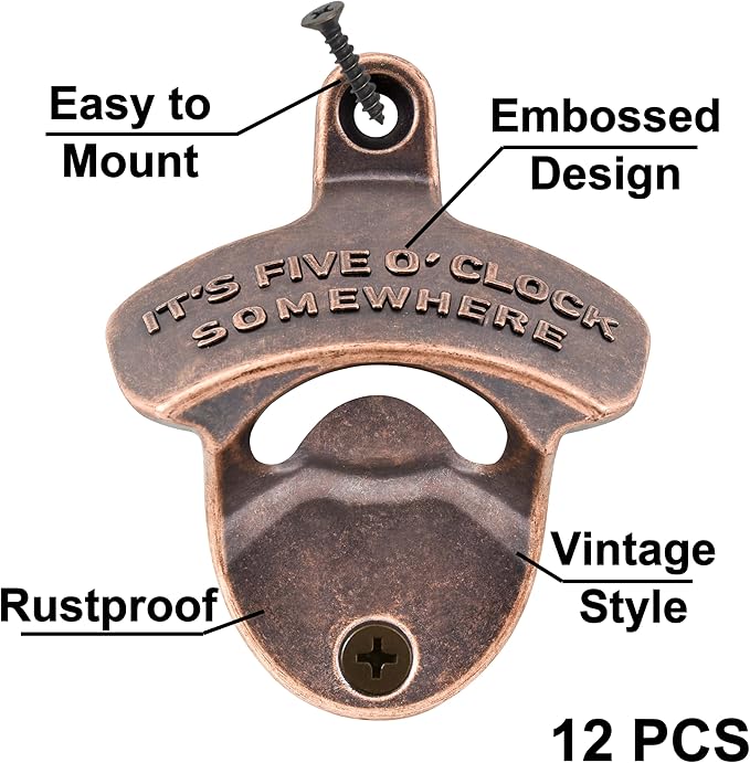 12 PCS Wall Mount Bottle Opener Bulk, IT'S FIVE O'CLOCK SOMEWHERE Beer Top Opener Wall Mounted for Table