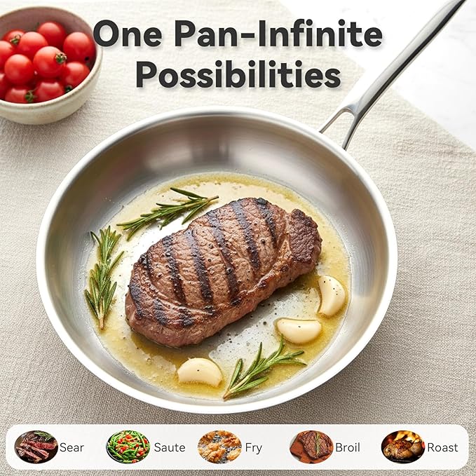 Professional Grade 316L Stainless Steel Frying Pan | 9.5 Inch Skillet with Glass Lid | Healthy PFOA/PFOA-Free & Dishwasher Safe | Induction & Gas Stove Compatible, Oven Safe to 500°F