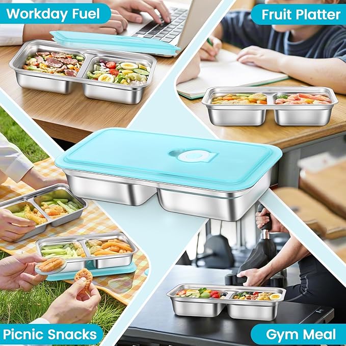 4 Pack Stainless Steel Snack Containers with Lids, 2-Compartment Reusable Food Storage Meal Prep Containers for Kids & Adults Lunch Boxes, School, Office, Travel, Camping