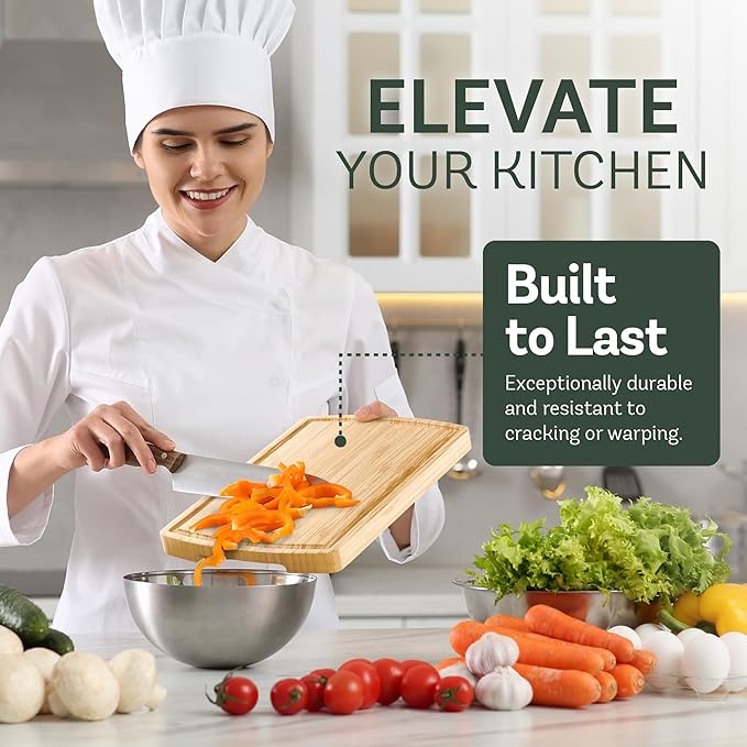 Wood Cutting Boards for Kitchen - Bamboo Cutting Board Set with Deep Juice Groove & Side Handles - Carving Chopping Board Butcher Block for Meat, Vegetables, Charcuterie, Cheese, Serving, or Meal Prep