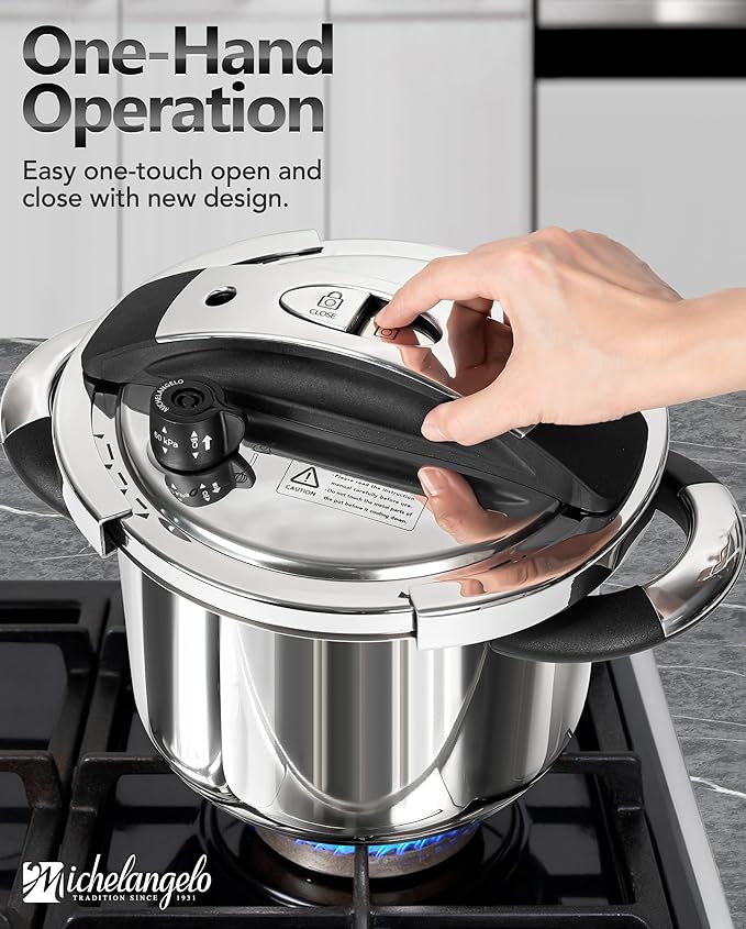 MICHELANGELO Stainless Steel Pressure Cooker 6.3 Quart, 3-in-1 Olla de Presion, One-Hand Locking System, Induction Compatible, with Glass Lid & Steamer