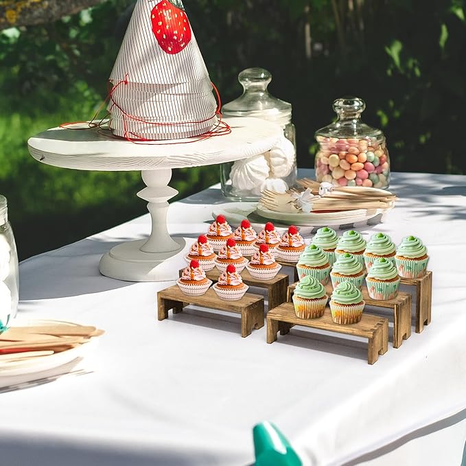 Display Riser Wood Risers Cupcake Stand 3 Tier Racks Decorative Rectangular, 2 Set 6 Piece Cologne Perfume Organizer Dessert for Vendors Event(Nature Wood)
