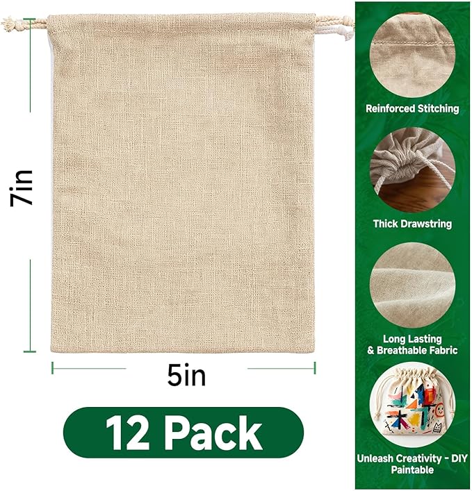 Simple&Opulence 12-Pack 5” x 7” Linen Cotton Drawstring Bags Reusable Grocery Sacks, DIY Craft Sachet Sacks Storage Cloth Bags for Party Wedding Home Bulk Produce Bags, Washable, Natual Linen